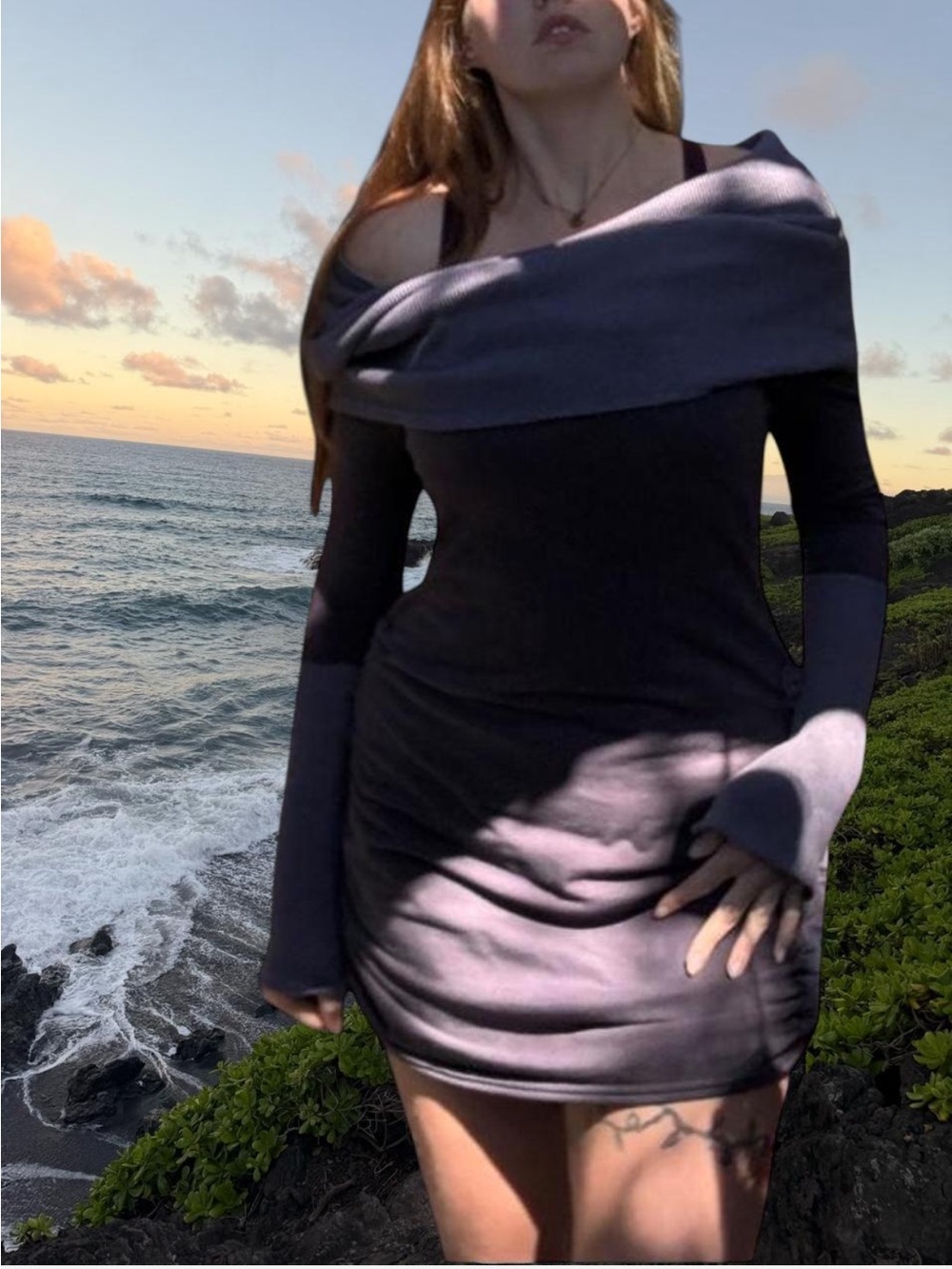 Slouchy L/XL Off-Shoulder Long Sleeve Bodycon sweater Dress Purple Gray